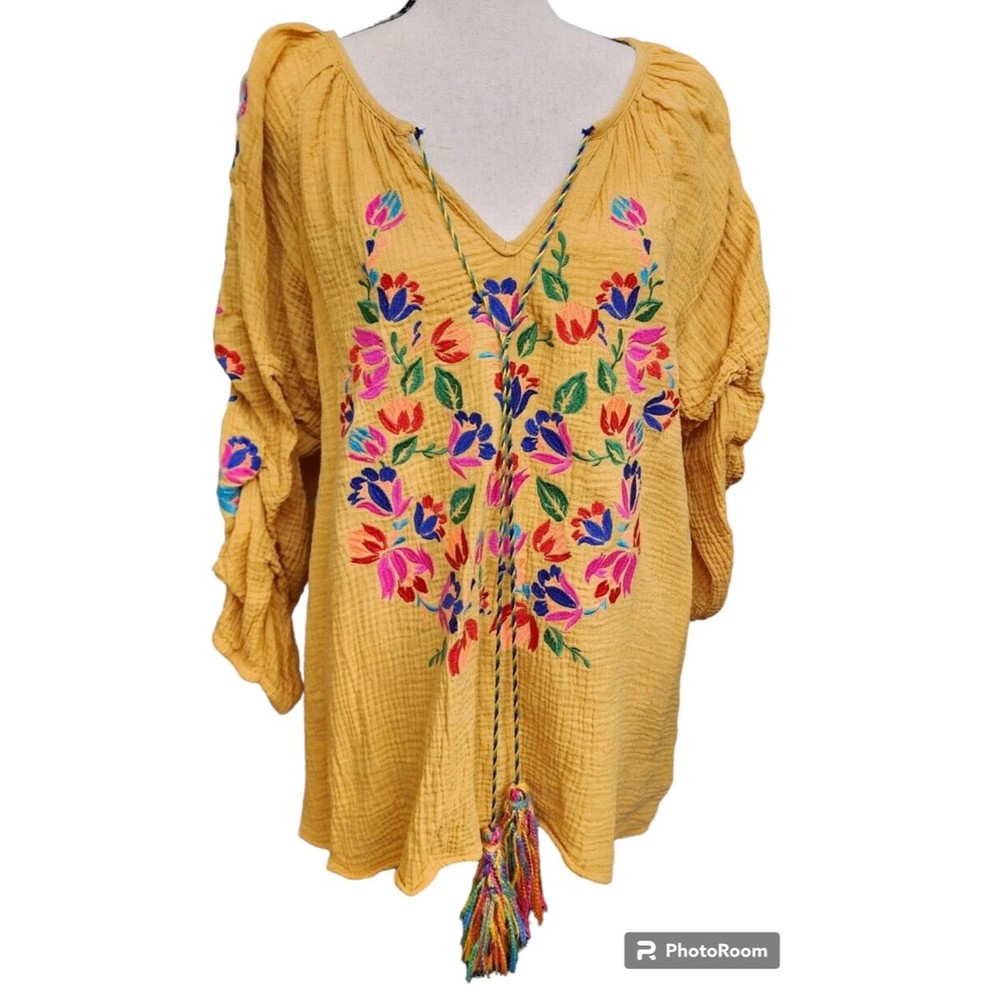 Embroidered Peasant Top by See And Be Seen Size L Hippie Boho Festival Yellow